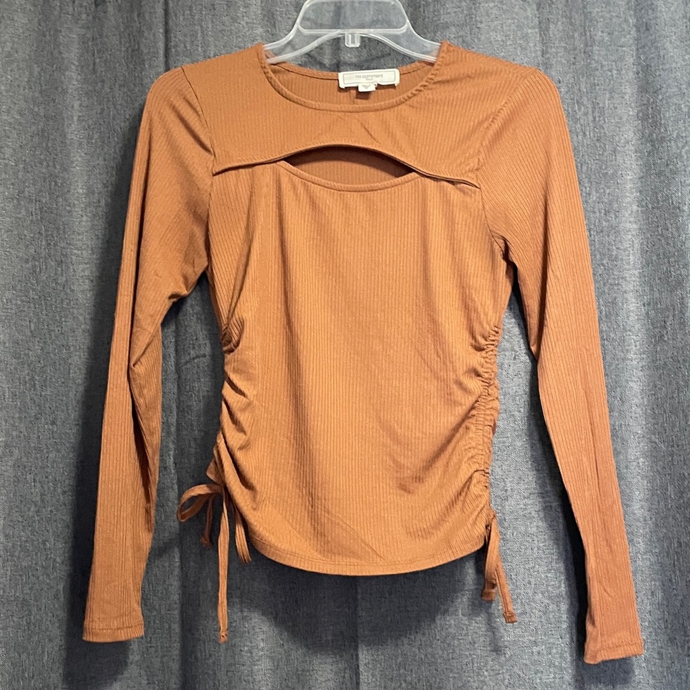 Cutout Ribbed Long Sleeve Top with Side Ties - Rust